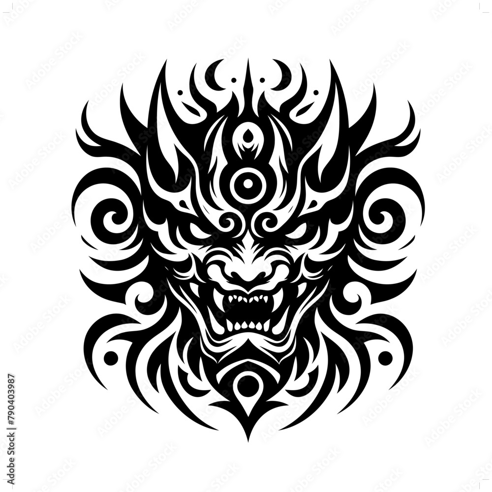 oni in modern tribal tattoo, abstract line art of horror character, minimalist contour. Vector