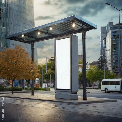 An empty urban environment with a vertical white billboard towering over a bus stop, ready to display captivating advertisements.