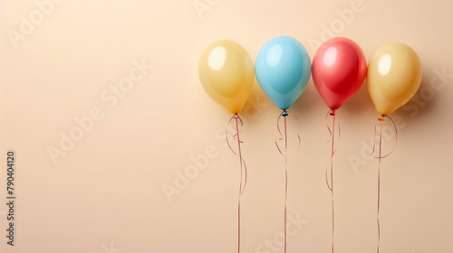 party time  line of four colorful helium balloons on side of cream colored pastel background space for text