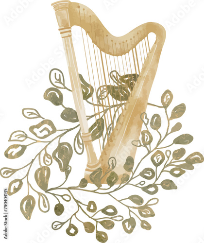 Vector watercolor, harp, golden olive branch. Baptism, greeting cards, invitation, wedding card, save the date, celebration, anniversary, birthday, party, event, holiday, print 