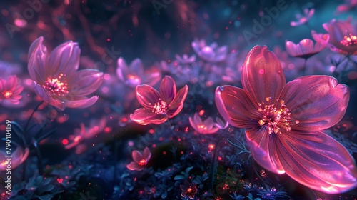 Electric pastel blossoms blooming in a digital dreamscape, radiating an otherworldly glow against a midnight sky.