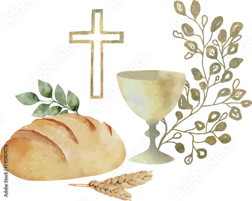 Vector watercolor bread, chalice, olive branch, golden cross. Baptism, greeting cards, invitation, wedding card, save the date, celebration, anniversary, birthday, party, event, holiday, print