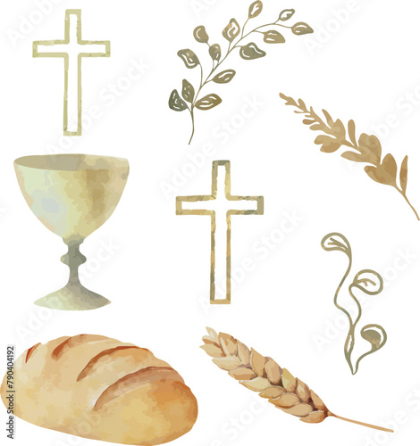 Vector watercolor bread, chalice,  golden branch. Baptism, ceremony, greeting cards, invitation, wedding card, save the date and celebration, anniversary and birthday, party, event, holiday and print