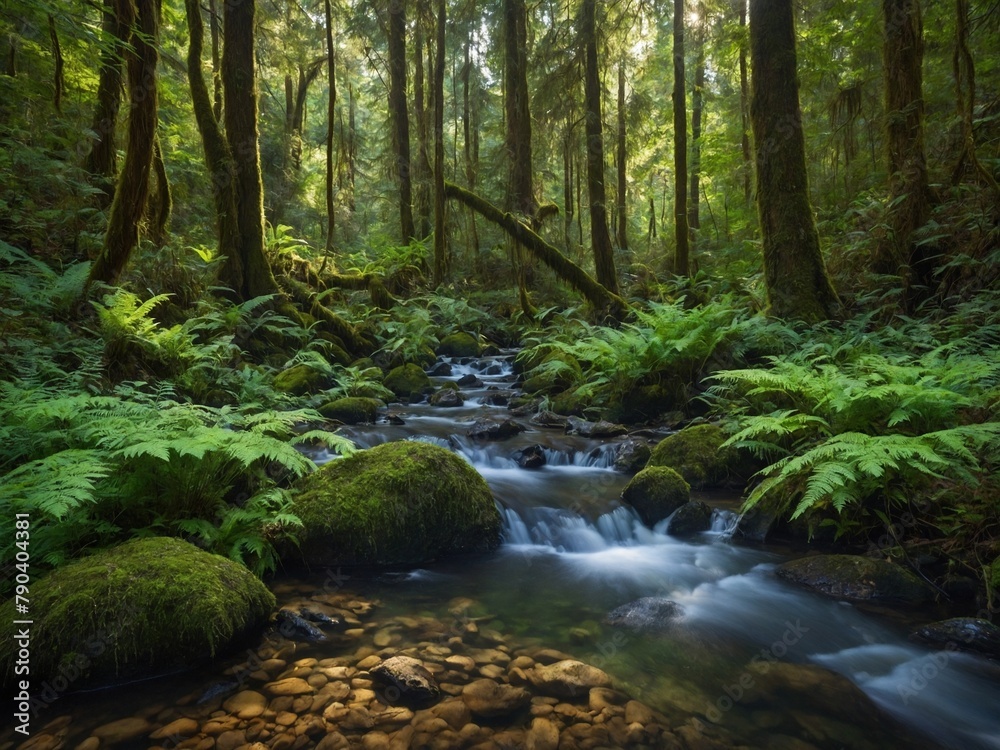 Serene stream meanders through lush, dense forest. Sunlight filters through canopy above, casting dappled light on verdant undergrowth. Moss-covered rocks punctuate flowing water, while ferns. Serene stream meanders through lush, dense forest. Sunlight filters through canopy above, casting dappled light on verdant undergrowth. Moss-covered rocks punctuate flowing water, while ferns.