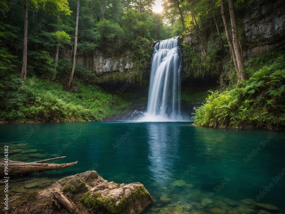 Waterfall cascades into tranquil pool, creating natural oasis. Sunlight filters through trees, illuminating misty air, highlighting vibrant colors of forest, water. Waterfall cascades into tranquil pool, creating natural oasis. Sunlight filters through trees, illuminating misty air, highlighting vibrant colors of forest, water.