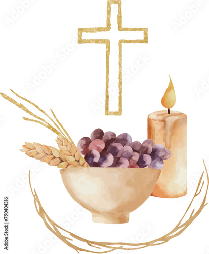 Vector watercolor golden cross, clay bowl, grape, candle, golden branch. Baptism, greeting cards, invitation, wedding card, save the date, celebration, anniversary, birthday, party, event, holiday