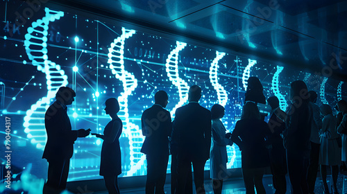 Silhouettes of business professionals in a dimly lit room, fixated on a large screen displaying a complex DNA helix and phenotypic data, Group of business professionals, DNA Phenot photo