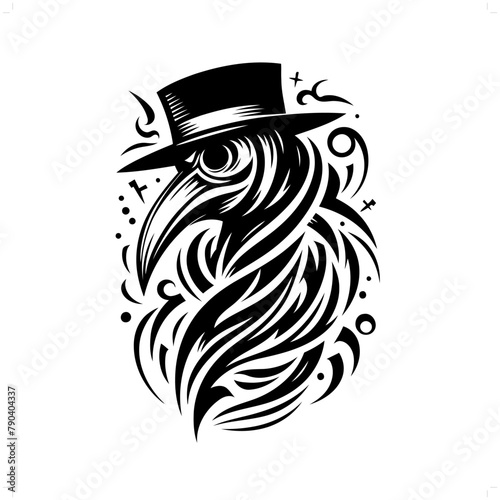plague mask in modern tribal tattoo, abstract line art of horror character, minimalist contour. Vector