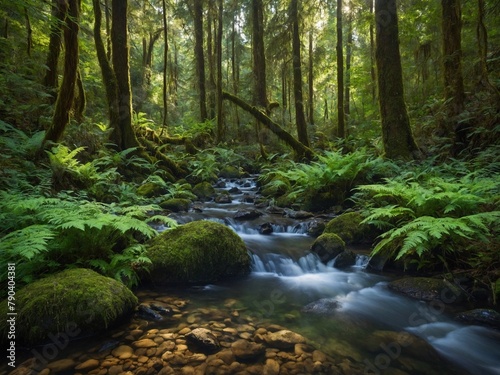Serene stream meanders through lush  dense forest. Sunlight filters through canopy above  casting dappled light on verdant undergrowth. Moss-covered rocks punctuate flowing water  while ferns.