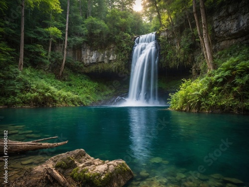 Waterfall cascades into tranquil pool  creating natural oasis. Sunlight filters through trees  illuminating misty air  highlighting vibrant colors of forest  water.