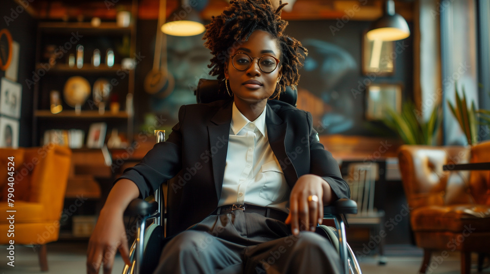 Confident black businesswoman sitting in a wheelchair in members club office. Disabled african american successful female boss wearing tailored suit. Diversity equality inclusion at work