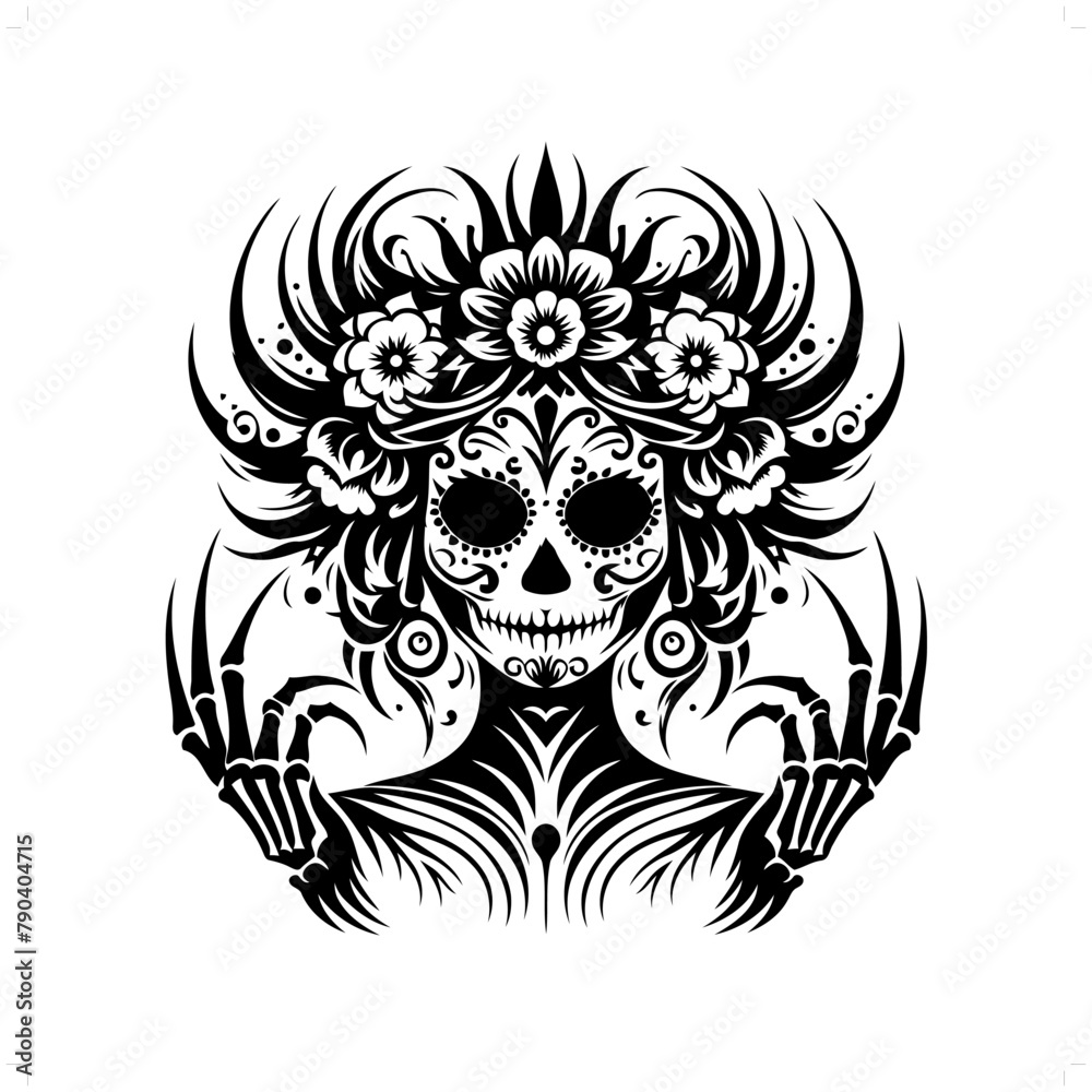 sugar skull girl in modern tribal tattoo, abstract line art of horror character, minimalist contour. Vector sugar skull girl in modern tribal tattoo, abstract line art of horror character, minimalist contour. Vector