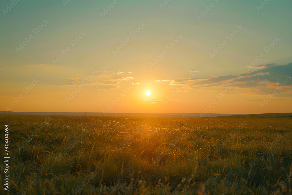 Golden Hour Serenity: A Captivating Display of Vast Field Kissed by Fiery Sunset