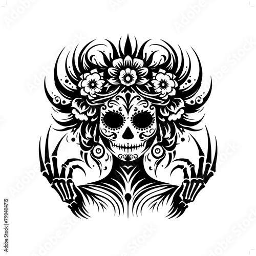 sugar skull girl in modern tribal tattoo, abstract line art of horror character, minimalist contour. Vector
