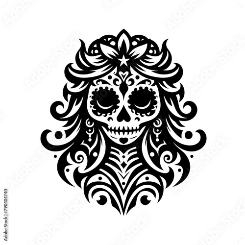 sugar skull girl in modern tribal tattoo, abstract line art of horror character, minimalist contour. Vector