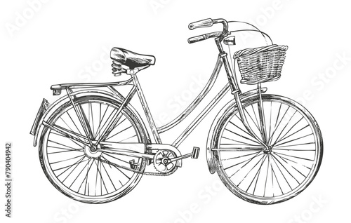 Hand-drawn vintage bicycle with front basket sketch. Vector illustration