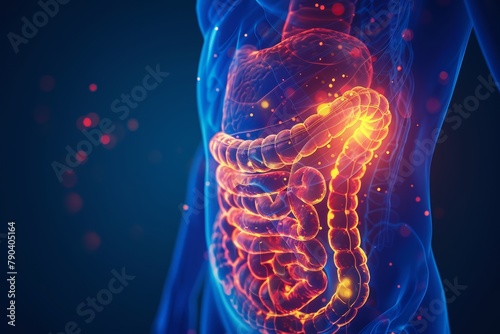 Medical illustration of a model with abdominal pain. Gut and stomach health conecpt. Digestion and bowel disorder, inflammation or disease.