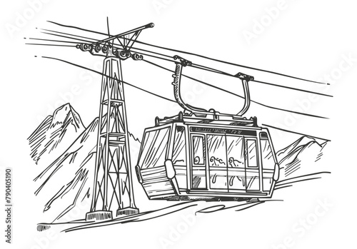 Detailed sketch of cable car in mountainous terrain. Vector illustration