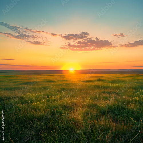 Golden Hour Serenity: A Captivating Display of Vast Field Kissed by Fiery Sunset