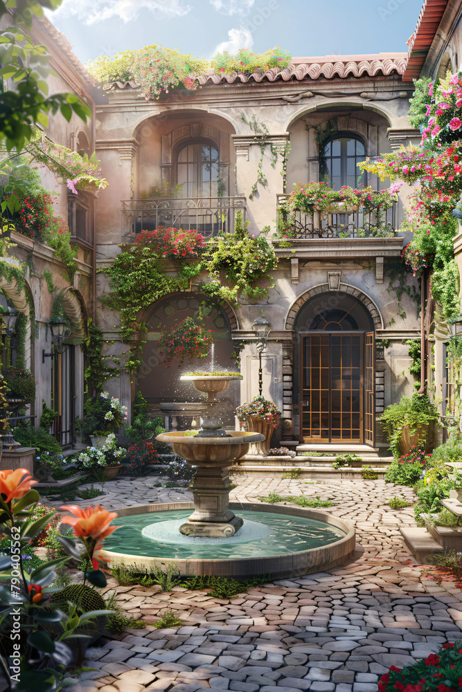 Mediterranean Oasis: Courtyard Bliss with Fountain and Flowering Vines