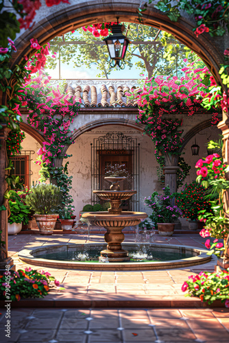 Mediterranean Oasis  Courtyard Bliss with Fountain and Flowering Vines