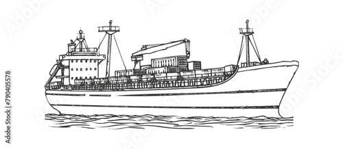 Commercial fishing trawler at sea ink drawing. Vector illustration