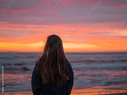 Rear view of woman standing at beach, copy space for text 