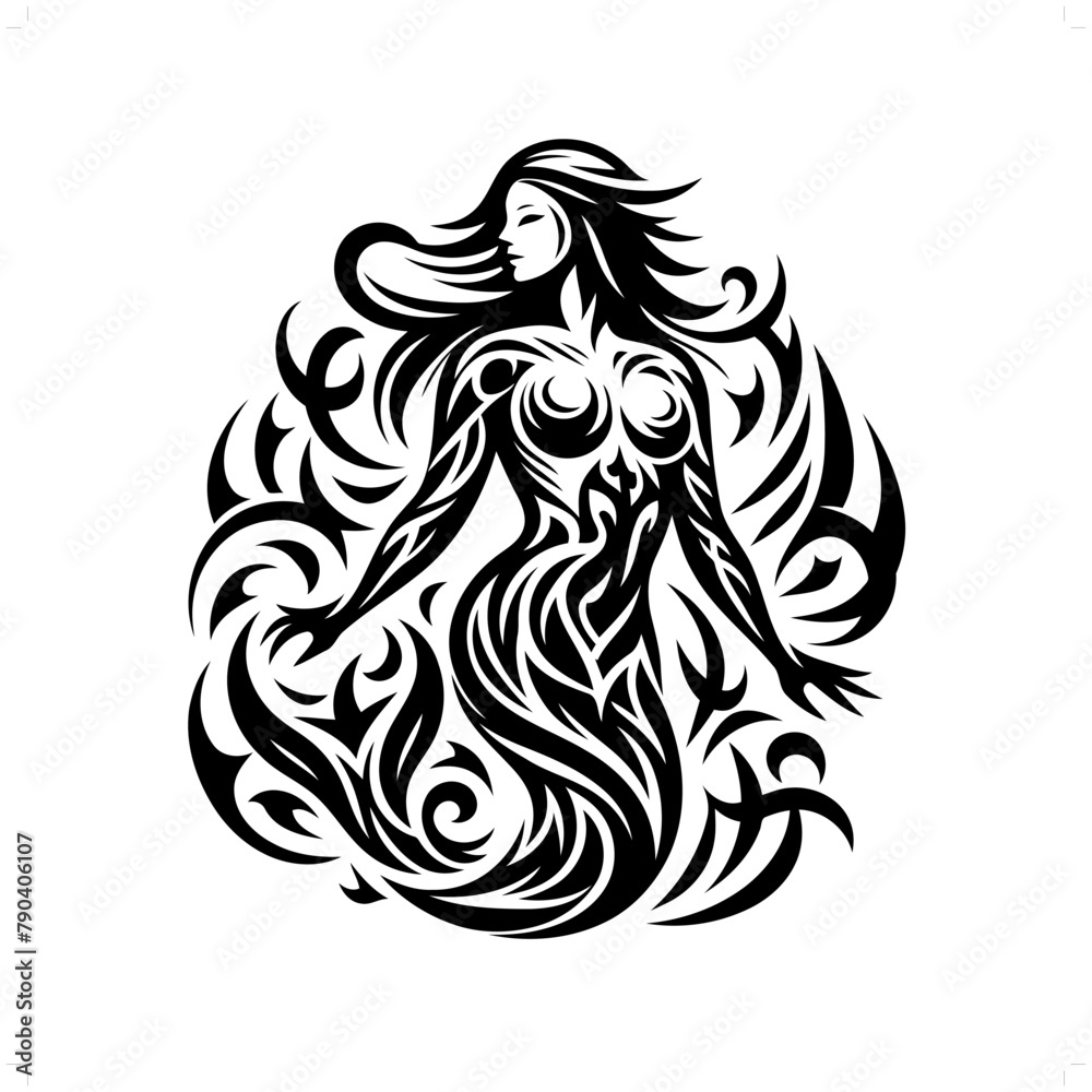 mermaid in modern tribal tattoo, abstract line art of people, minimalist contour. Vector