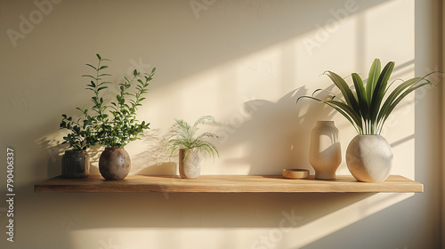 A shelf for free space for your decorations, things, frames, pictures. Minimalist style with plants, candles, books, vases. Pastel soft background © Darya