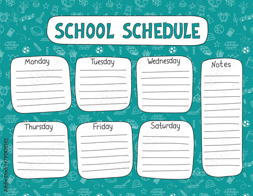 School Schedule vector template printable US Letter size. Weekly class timetable, lesson planner students, kids daily routine chart. Funny doodle hand drawn outline design with educational elements