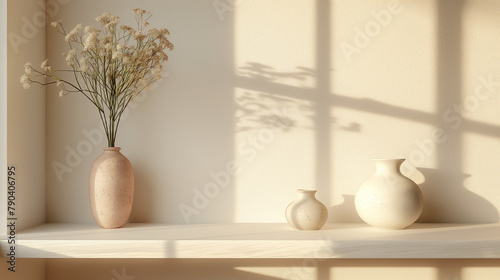 A shelf for free space for your decorations, things, frames, pictures. Minimalist style with plants, candles, books, vases. Pastel soft background