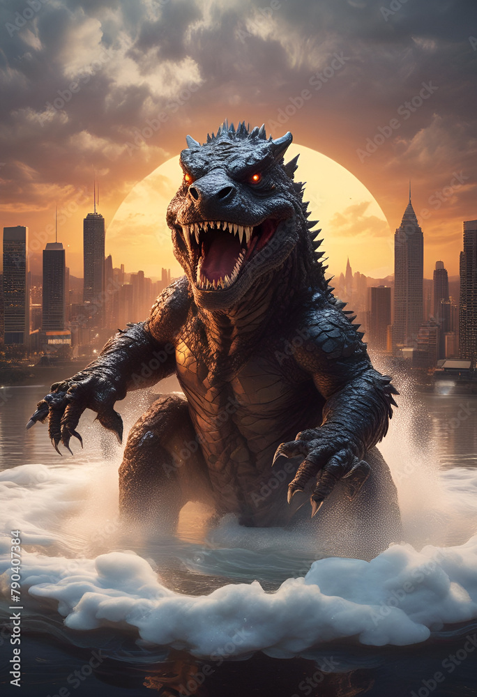 Large lizard monster destroying city