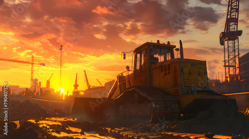 Amidst an industrial construction site, a yellow bulldozer with a shovel excavates under the sunset sky. © john