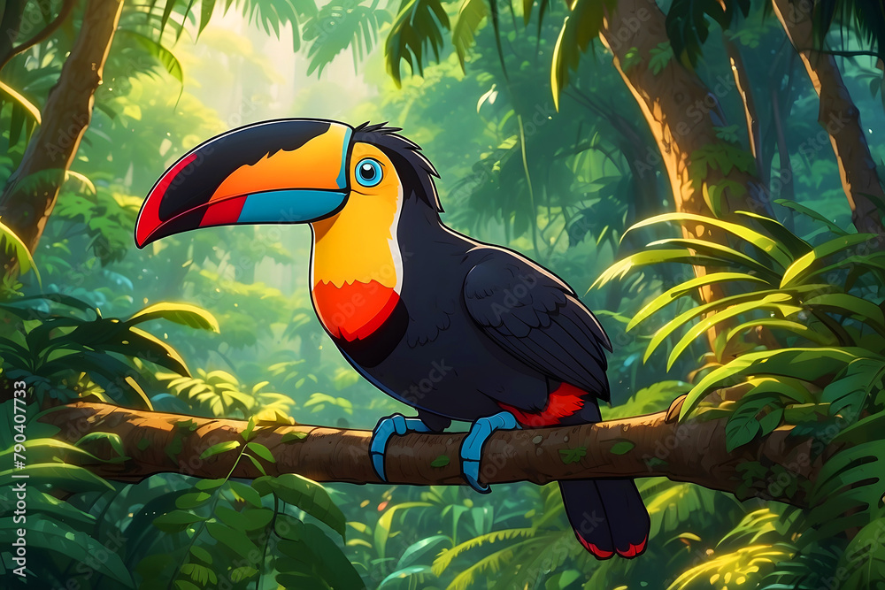 Obraz premium In an anime-style illustration, a toucan sits on a branch.