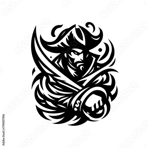 pirate in modern tribal tattoo, abstract line art of people, minimalist contour. Vector