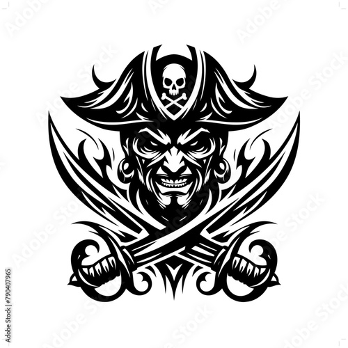 pirate in modern tribal tattoo, abstract line art of people, minimalist contour. Vector