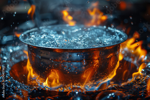 A bubbling cauldron of boiling water simmering over an open flame, ready to cook a hearty meal. Concept of culinary preparation and sustenance. Generative Ai.