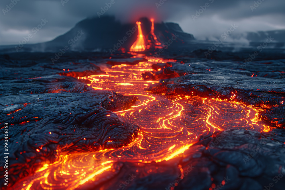 Molten lava flowing from the mouth of an active volcano, glowing red-hot as it carves a path through the rocky terrain. Concept of geological activity and primal energy. Generative Ai.