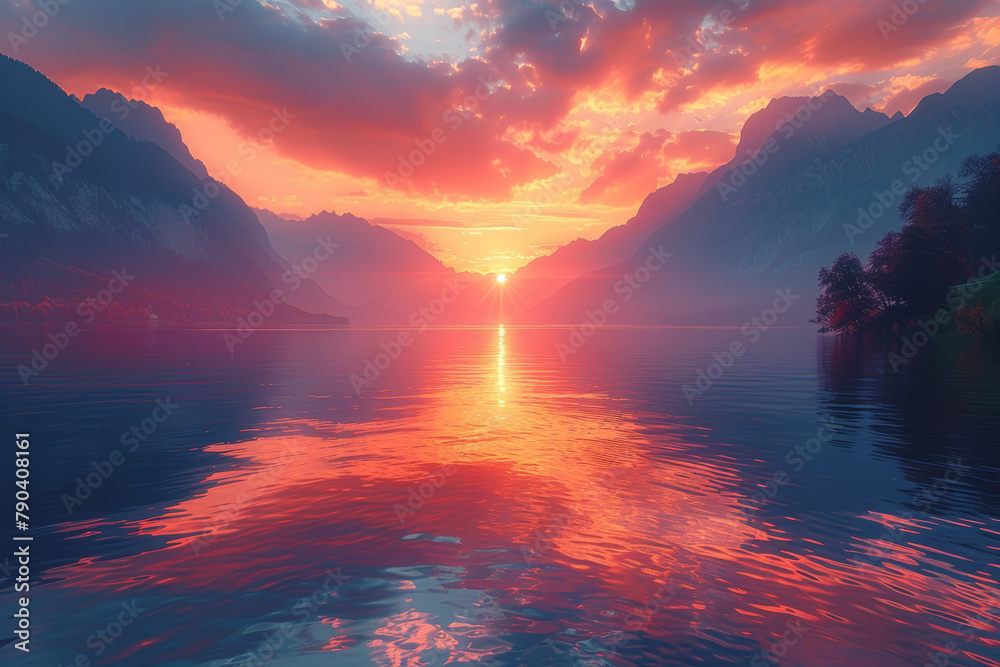 A tranquil lake reflecting the fiery hues of a sunset, its surface ablaze with the colors of dusk. Concept of natural beauty and fleeting moments. Generative Ai. - obrazy, fototapety, plakaty 