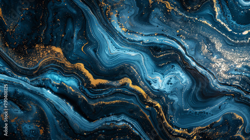 A mesmerizing swirl of azure and indigo hues, interspersed with shimmering veins of gold, creating a captivating abstract canvas. 