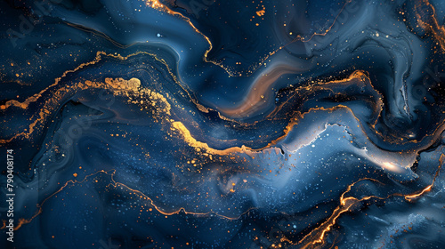 A mesmerizing swirl of azure and indigo hues, interspersed with shimmering veins of gold, creating a captivating abstract canvas.  © Tanveer Hussain 