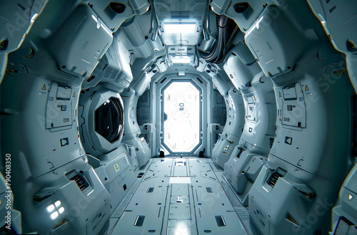 Spaceship interior corridor leading to a white hatch, clean modern design, future sci fi technology, airlock photo