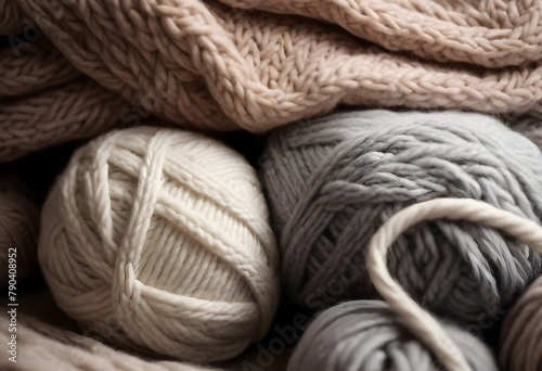 Cozy knitted blanket and yarn balls in neutral colors, including beige, cream, and gray. The image shows the soft, textured patterns