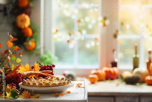 Thanksgiving dinner preparation. Table with pumpkin, carrot and onion for autumn season pie. Decorated kitchen in Halloween season. Cooking celebration feast. Fall seasonal vegetables. generative ai