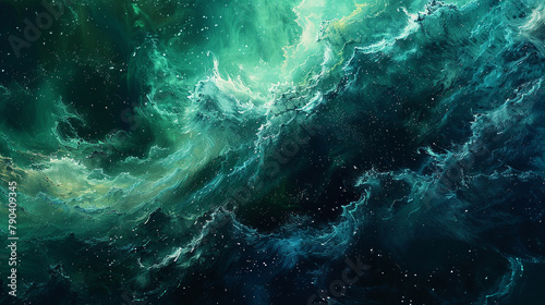 Bold strokes of emerald green and midnight blue collide, creating a dynamic interplay of colors that evokes the depths of a cosmic nebula. 