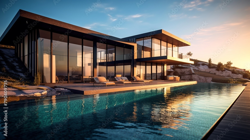 Modern house with swimming pool and beach at sunset.