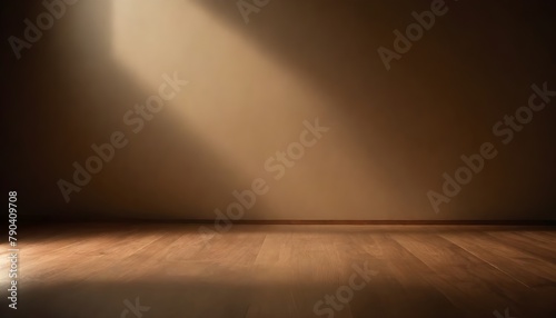 Wooden table in a dimly lit room with soft, warm lighting casting shadows on the wall