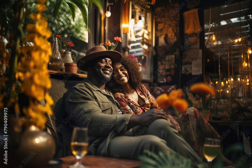 Joyful African Couple Enjoying a Romantic Evening in a Cozy Restaurant