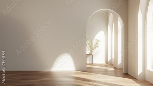 A large, empty room with a wooden floor and white walls. The room is lit by sunlight coming in through the windows © Bouchra