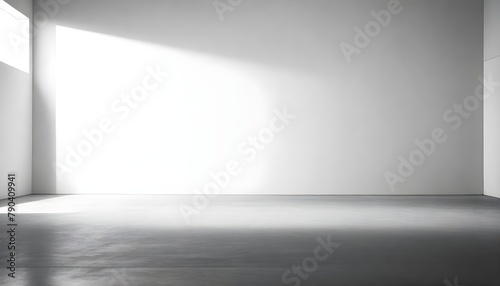 A minimalist, monochrome image showing a plain, empty room with a concrete floor and a plain white wall The lighting creates a soft, diffused effect, casting a subtle shadow on the floor. photo